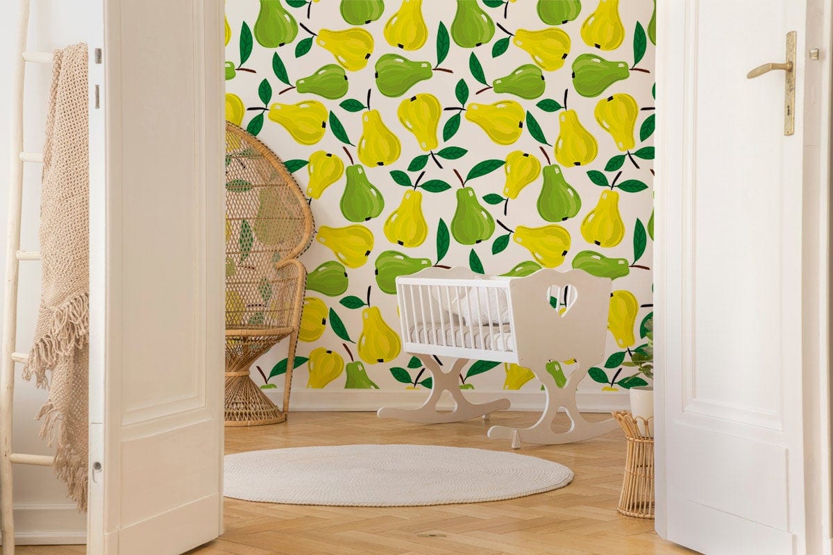 green and yellow pears pattern fruit wallpaper mural for nursery room