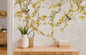 Elegant Golden Floral Branch Mural Wallpaper