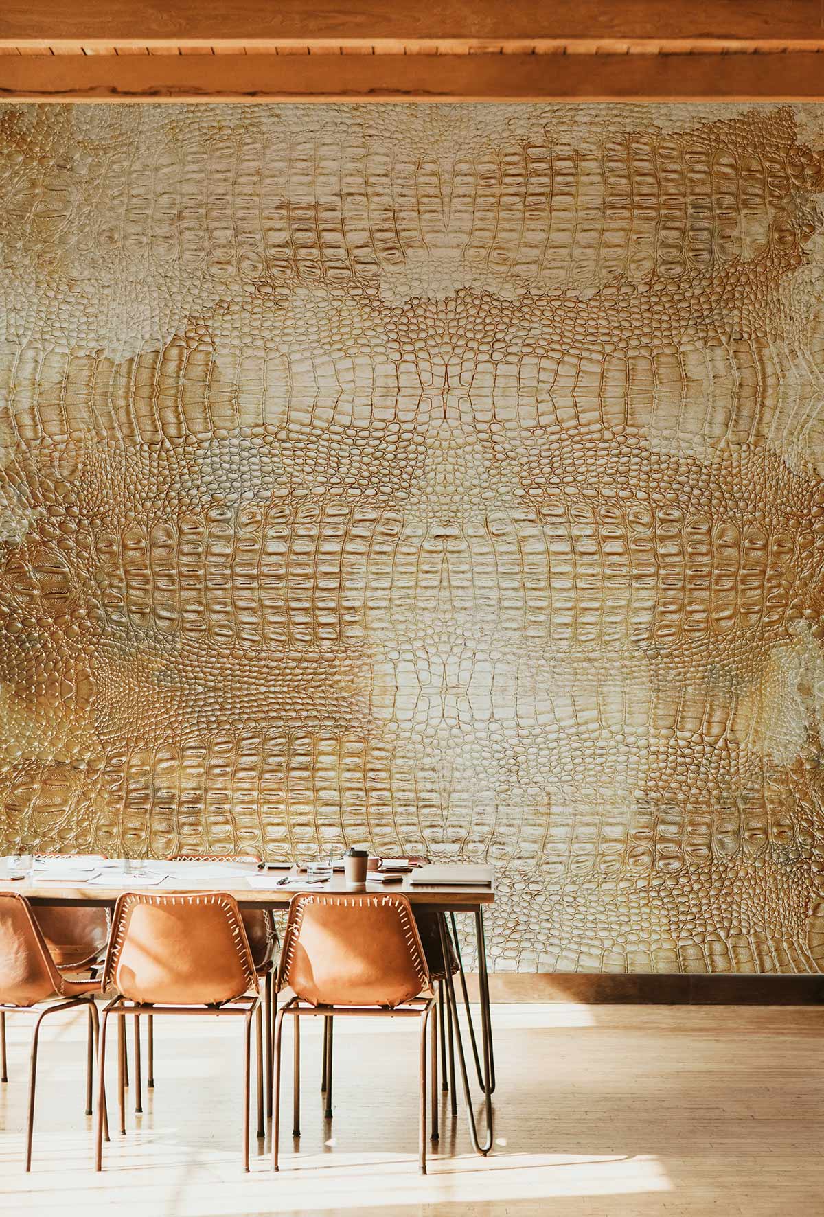 Dining room wall mural featuring the texture of a yellow python