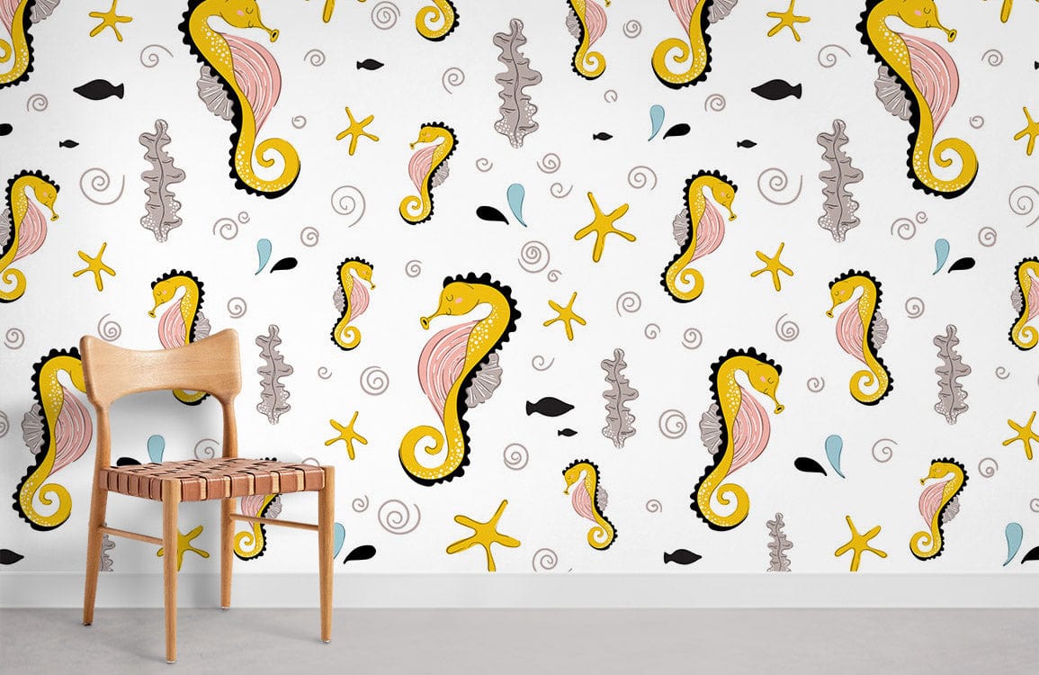 Yellow Seahorses Mural Wallpaper Room Decoration Idea