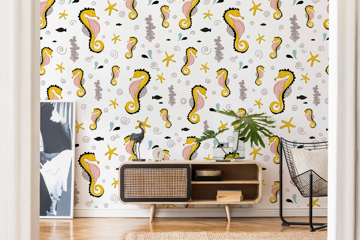 Yellow Seahorses Animal  Wallpaper Home Interior Decor