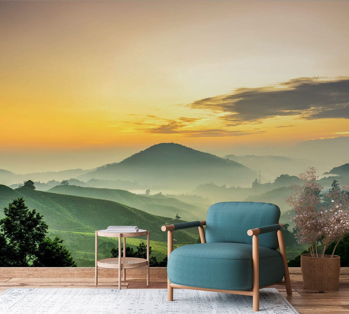 Wallpaper Mural Design for Living Room Decoration Featuring a Yellow Sky atop Mountain Landscapes.