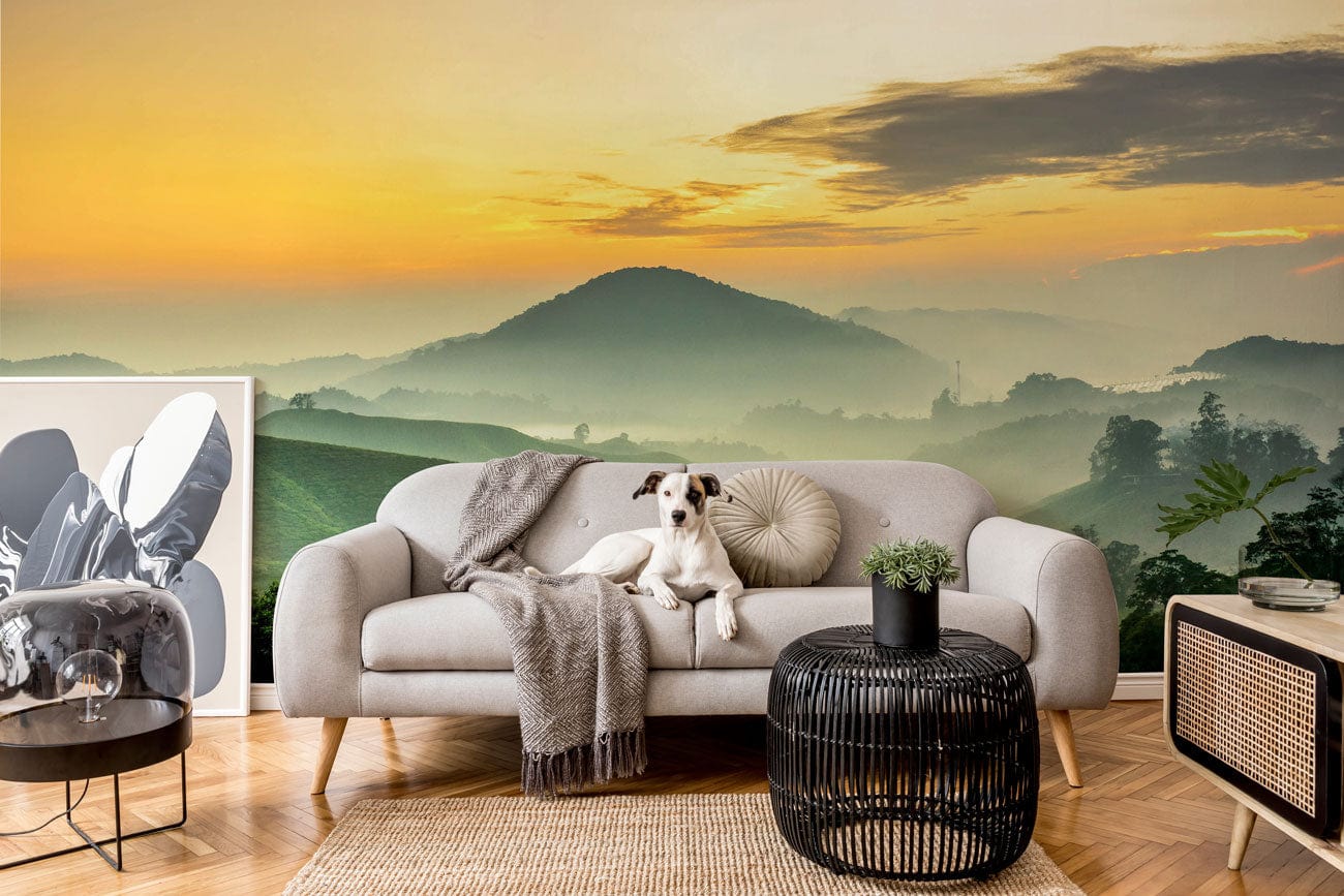 Wallpaper Mural Design for Living Room Decoration Featuring a Yellow Sky with Mountains and Landscapes