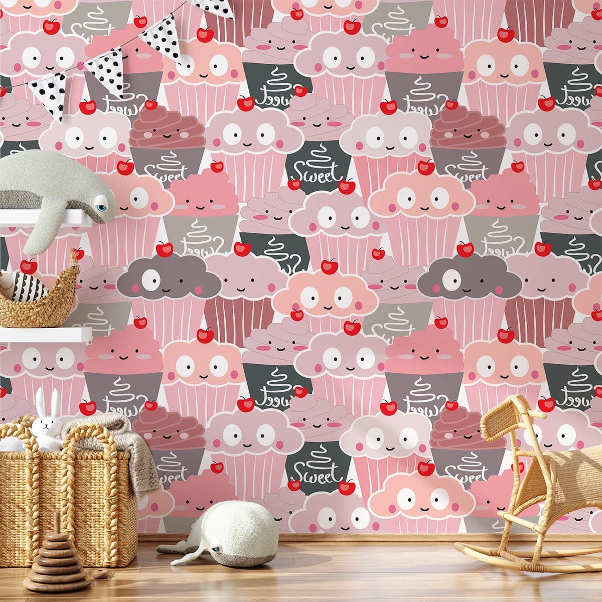 a cartoon ice cream pattern mural designed just for a child's bedroom as a wallpaper mural.